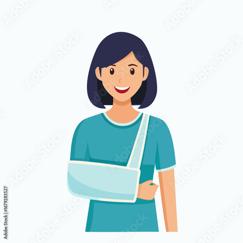 Smiling young woman with a broken arm in a supportive sling, representing medical care, injury recovery, and positive healing