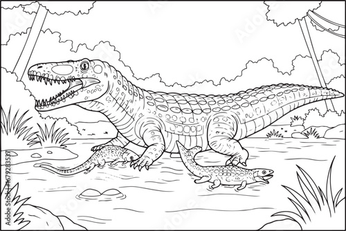 Large prehistoric reptile and two smaller ones in water line dra