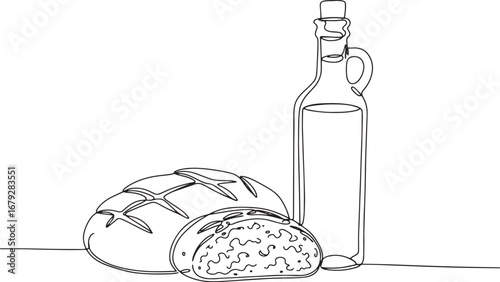 Continuous line drawing showcasing sourdough bread loaves and ol