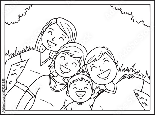 Joyful family portrait line art depicting happiness and together