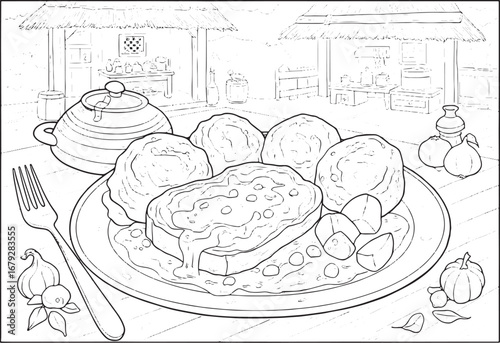 Detailed line art depiction of traditional Croatian pasticada di