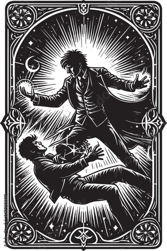 Intricate Black and White Illustration Depicting a Magician Performing a Powerful Spell