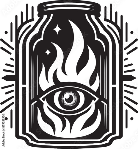 Mystical Jar Containing a Burning Eye and Flames, Symbolizing Vision and Energy Confinement