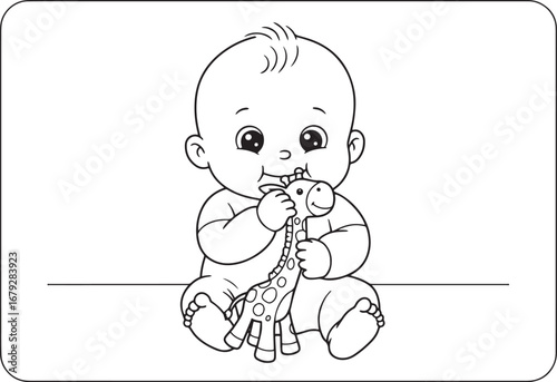 Adorable baby chewing on giraffe toy line art for coloring or cr