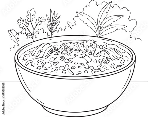 Detailed illustration of a bowl of callaloo soup with leafy gree