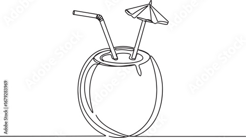Minimalist line drawing of a tropical coconut cocktail with stra