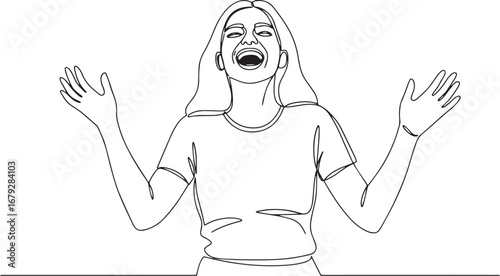 Single continuous line drawing of overjoyed woman with outstretc