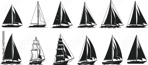 Silhouette sailboats collection, nautical vessel icons, sailing ship designs, maritime clipart set, yacht illustrations, regatta symbols, ocean transport graphics, marine art