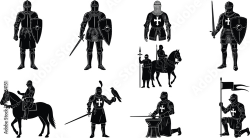 Medieval knights with swords, shields, horse riders, falconers, blacksmith, flag bearers, chainmail armor, historical battle, vector silhouettes