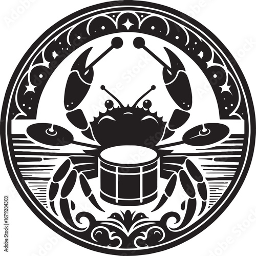 Unique Illustration of a Crab Playing Drums in a Circular Emblem, Black and White Design