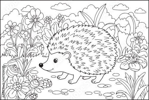 Delightful Hedgehog Sniffing Flowers in a Black and White Colori