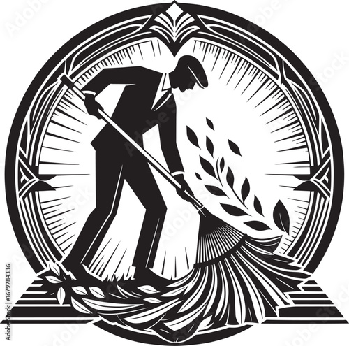 Illustration Depicting a Person Sweeping Leaves, Representing Environmental Responsibility and