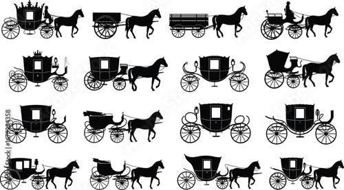 Vintage horse-drawn carriage silhouettes, antique coach vector icons, retro transportation clipart, royal chariot design, classic wagon illustration, historical vehicle art