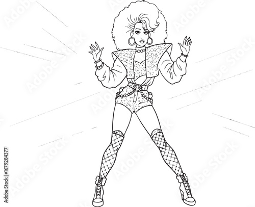 Groovy retro star ready for coloring book page with 1980s pop di