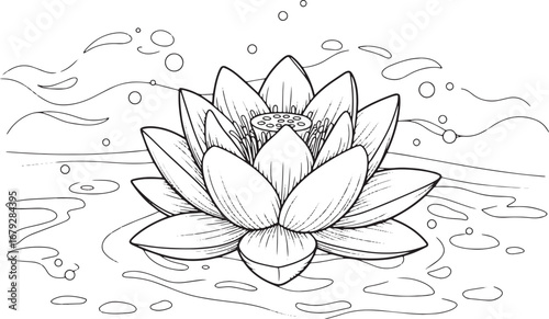 Elegant lotus illustration in black and white, floating serenely