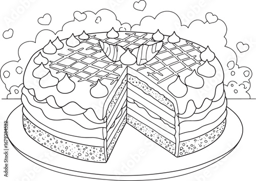 Delicious Dobos Torte Outlined Illustration on a Plate with Hear