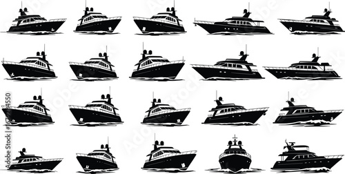Silhouette yacht icons, motorboat illustrations, nautical vessel graphics, maritime transport symbols, luxury boat clipart, sailing ship silhouettes, speedboat vector art,