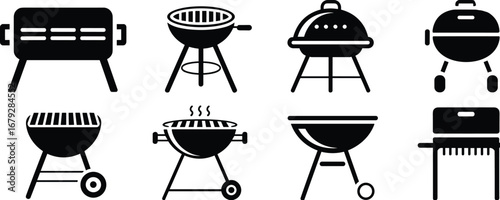 Black and white barbecue grill icons, various BBQ equipment designs, outdoor cooking symbols, flat vector set, isolated illustration, cad drawing flat vector illustration
