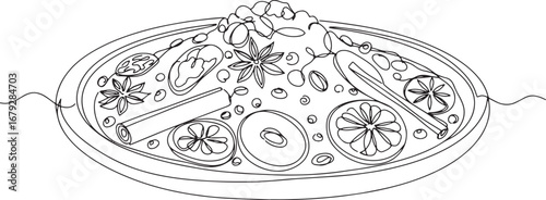 Minimalist single line drawing showcasing spiced holiday fruit c