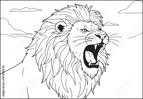 Majestic Lion Roaring Fiercely in Detailed Line Art Illustration