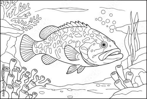 Detailed grouper illustration in a coral reef setting perfect fo