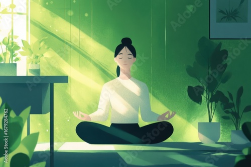 Woman meditating peacefully in a sunlit room filled with plants, finding inner calm and serenity.