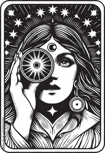 Intricate Black and White Illustration of a Mystical Woman with Celestial Elements and Symbols