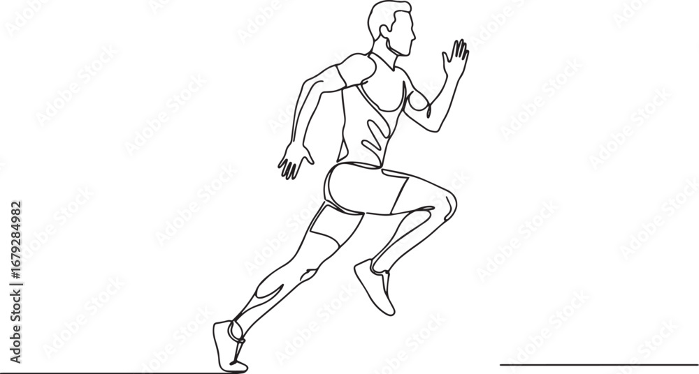 Fototapeta premium Continuous line illustration of a determined male sprinter in ac