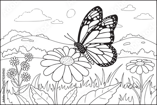 Monarch butterfly resting on a daisy flower line art coloring pa