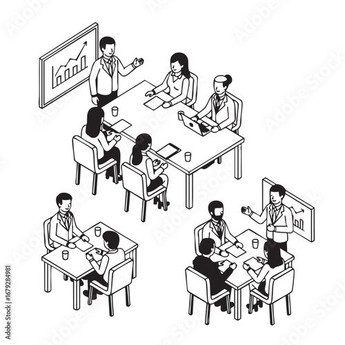 Diverse business team collaborates effectively in modern office meeting rooms diagram
