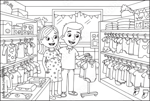 Happy parents expecting baby shopping for clothes in baby shop m