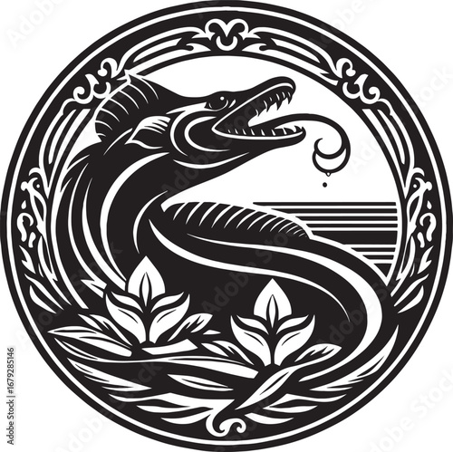 Intricate Black and White Illustration of a Water Serpent in a Decorative Circular Frame