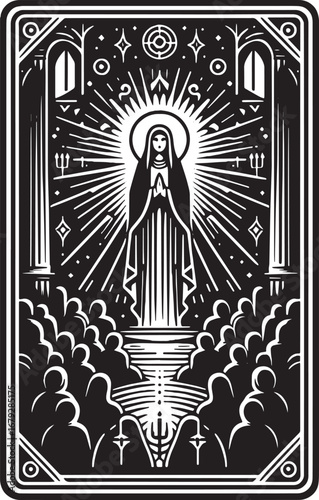 Intricate Black and White Illustration of Virgin Mary Surrounded by Worshippers and Divine Light