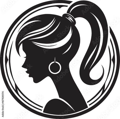 Silhouette of a woman with a ponytail and earrings within a circular frame elegant design