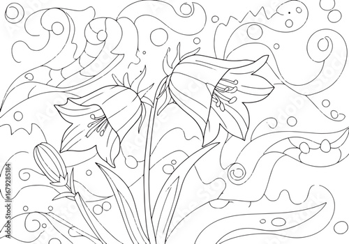 Delicate bluebell flower outline illustration with swirling arti