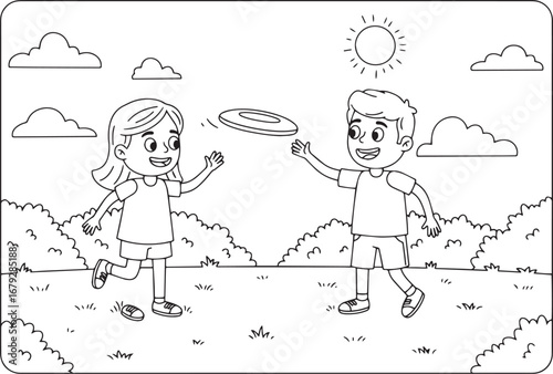 Black and white illustration of two kids playing with a flying d