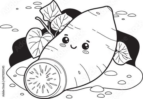 Charming sweet potato character with kawaii expression in line a