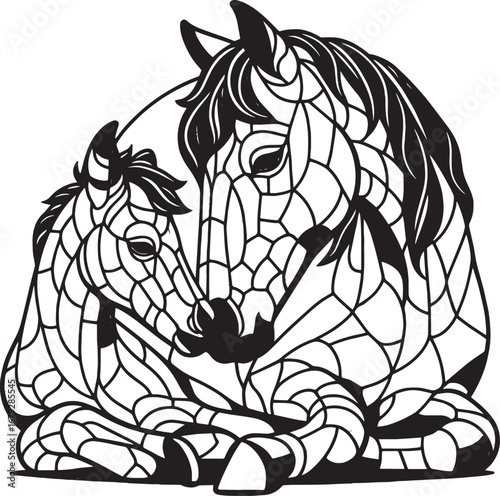 Black and white illustration of a mother horse and foal in a stained glass style design