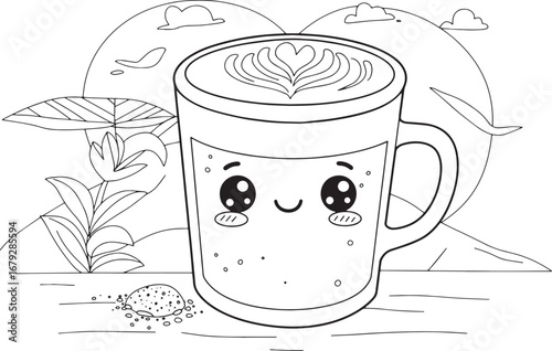 Whimsical Matcha Latte with Kawaii Face and Nature Elements Illu