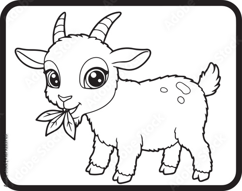 Charming Illustration of a Cartoon Goat Nibbling Leaves, Perfect