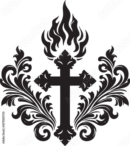 Elegant Black and White Cross with Ornate Floral Elements and Flame Design