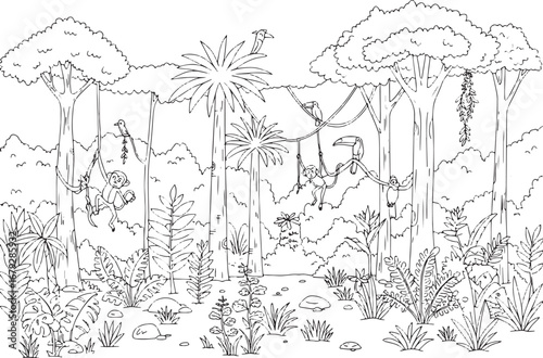 Enchanting tropical rainforest coloring page with playful monkey