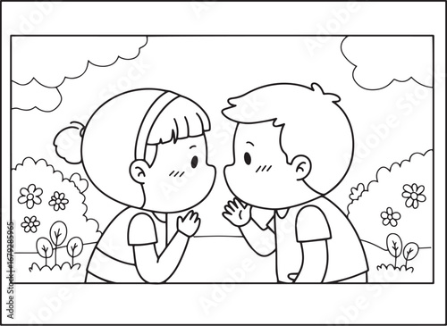 Charming illustration of two children sharing a secret amid a wh