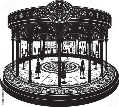 Elegant Black and White Fashion Show Illustration Depicting Silhouettes and Architectural Design