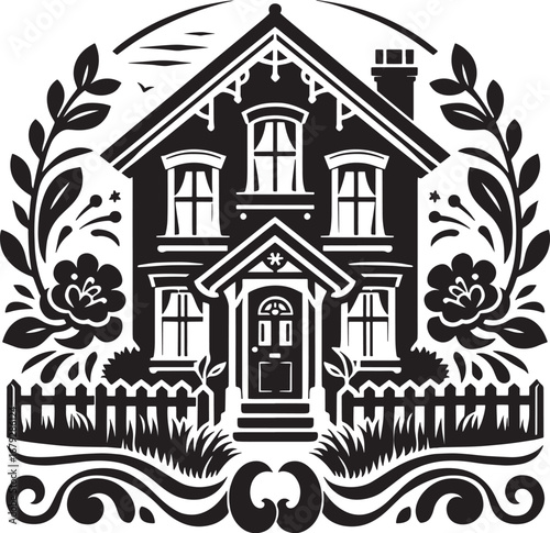 Detailed Black and White Illustration of a House with Garden, Fence, and Floral Elements