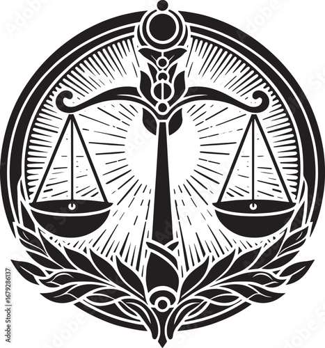 Illustration of a stylized balance scale emblem representing justice and law concepts