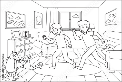 Playful pursuit: Couple engaging in hide-and-seek game with imag