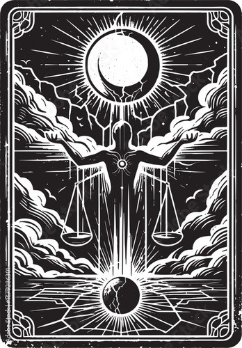 Intricate Black and White Tarot Card Illustration Depicting Balance and Cosmic Harmony