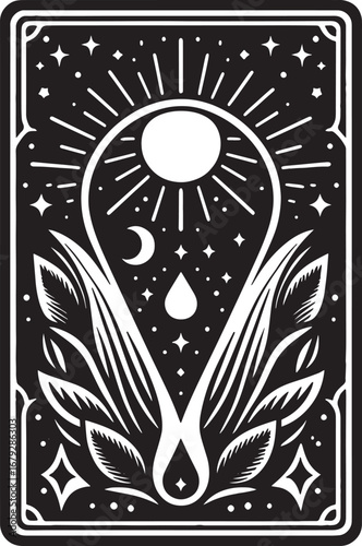 Mystical Tarot Card Illustration: Celestial Design with Sun, Moon, Stars, and Floral Elements