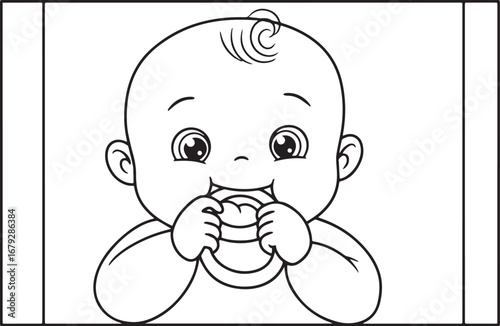 A cute baby teething on a toy in black and white vector illustra